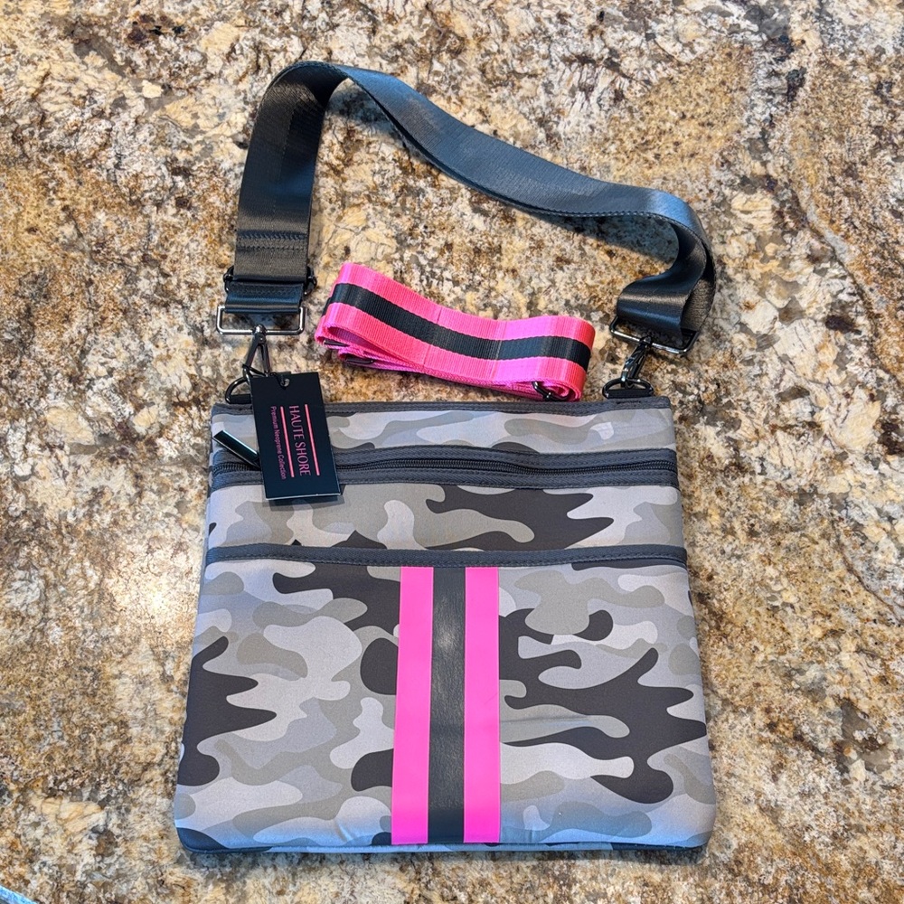 HAUTE SHORE Camouflage Crossbody Bag with Pink Stripes